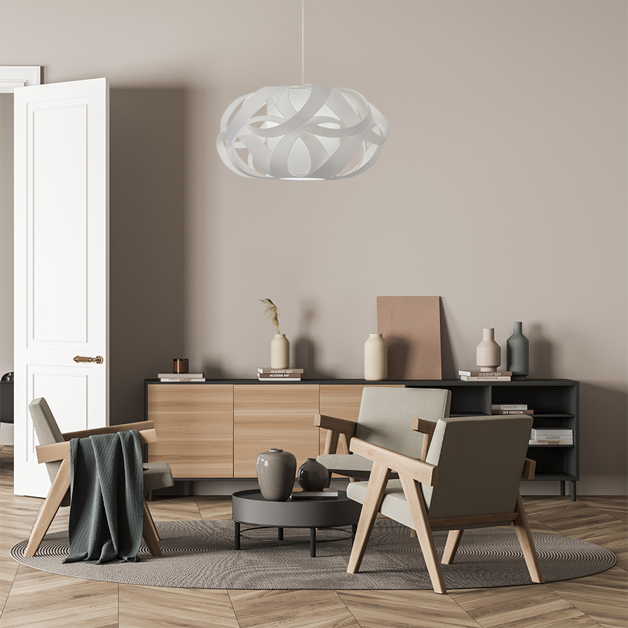 Suspension lumineuse KIM en fibres naturelles blanches, parfaite pour une déco naturelle, style design image d'ambiance