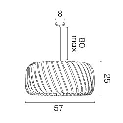 Dimensions avec le dessin technique de la suspension Clyde, diamètre 57 cm, hauteur 25 cm et un câble ajustable de 80 cm max.