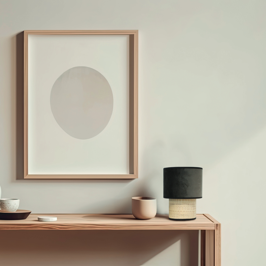 Lampe à poser GATSBY en velours coloris gris anthracite et rotin naturel