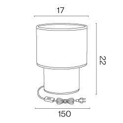 Image des dimensions avec le dessin technique de la lampe à poser Gatsby, diamètre 17 cm et hauteur 22 cm.