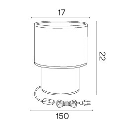 Dessin technique de la lampe Tabata avec ces dimensions : 22 cm de hauteur, 17 cm de diamètre et un câble de 150 cm
