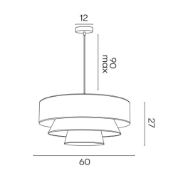 Dessin technique de la suspension KATIE, dimensions 60 cm de diamètre, 27 cm de hauteur, et un câble jusqu'à 90 cm max