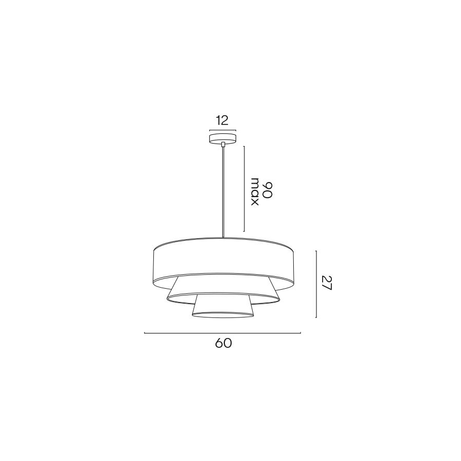 Dessin technique de la suspension KATIE, dimensions 60 cm de diamètre, 27 cm de hauteur, et un câble jusqu'à 90 cm max