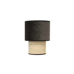 Lampe GATSBY, élégante combinant un abat-jour en velours gris anthracite, un biais en coton noir et un pied en rotin naturel