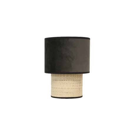 Lampe GATSBY, élégante combinant un abat-jour en velours gris anthracite, un biais en coton noir et un pied en rotin naturel