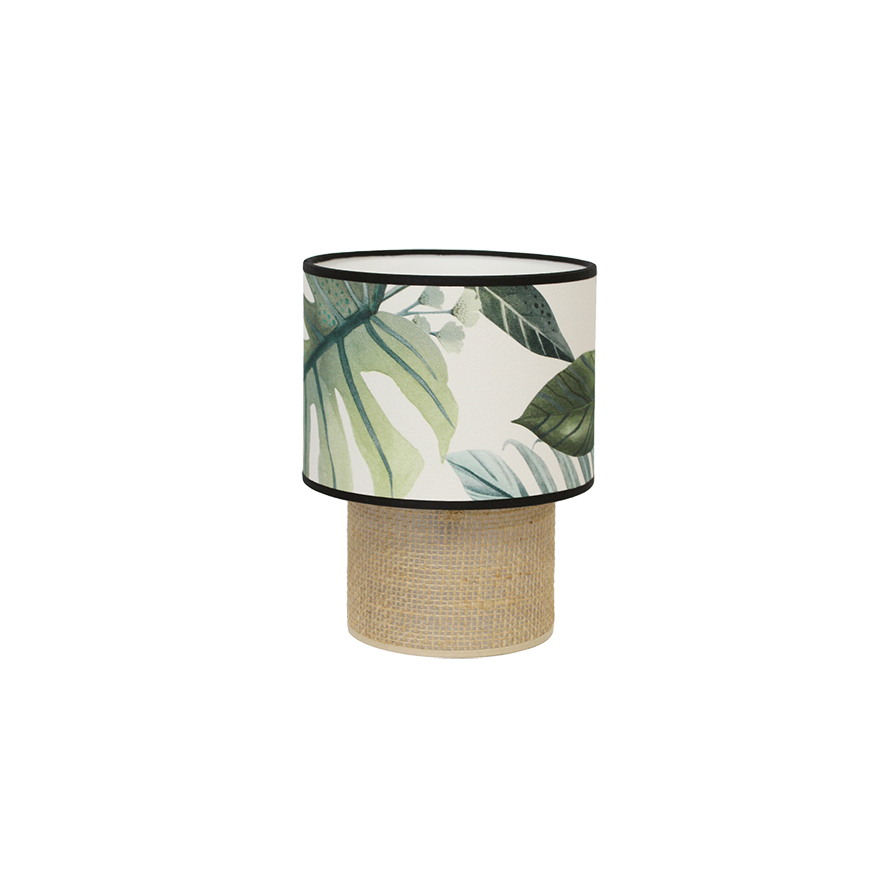 Lampe à poser TABATA avec abat-jour motif jungle Camboya en viscose et pied en sisal naturel
