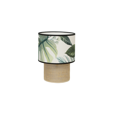 Lampe à poser TABATA avec abat-jour motif jungle Camboya en viscose et pied en sisal naturel