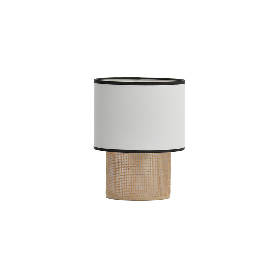 Lampe à poser TABATA avec abat-jour en coton blanc bordé de noir et pied en sisal naturel