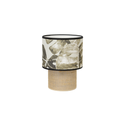 Lampe à poser TABATA avec abat-jour à motif jungle tropicale et pied cylindrique en sisal naturel