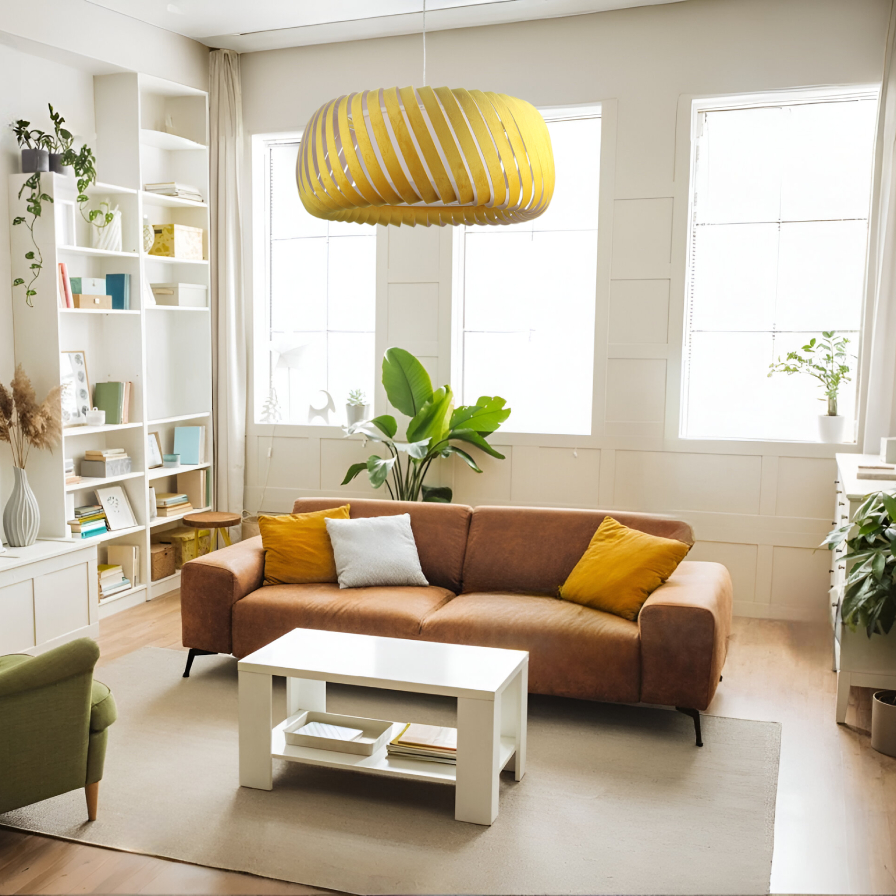 Suspension CLYDE en velours coloris jaune installée dans un intérieur, créant une ambiance chaleureuse et sophistiquée.