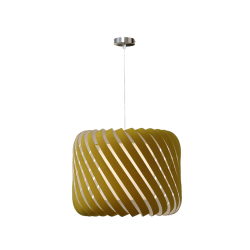 Suspension CLYDE design en lamelles ajourées velours coloris jaune installée dans un intérieur style contemporain.