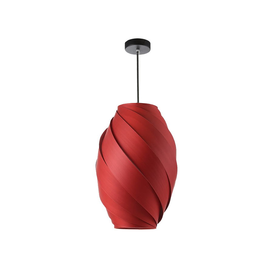 Suspension KELLY en pvc et bois rouge, un luminaire élégant et épuré pour un intérieur moderne et contemporain.