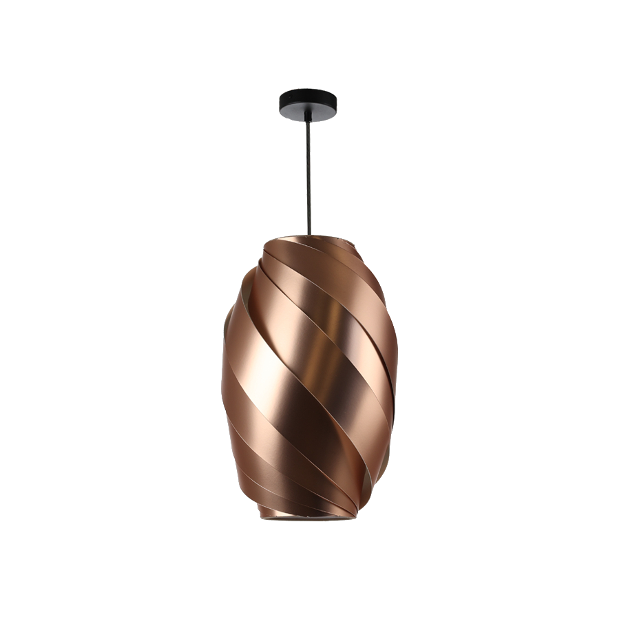 Suspension KELLY en PVC doré, un luminaire moderne au design élégant et sophistiqué en forme de spirale ou tourbillon dynamique.