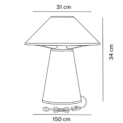 Dessin technique de la lampe BOOMERANG en bois et coton noir - dimensions 34 cm de hauteur et 31 cm de diamètre.