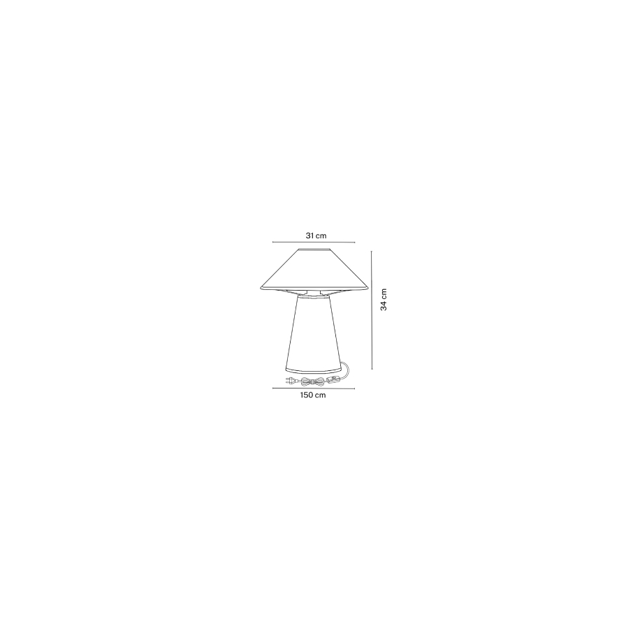 Dessin technique de la lampe BOOMERANG en bois et coton noir - dimensions 34 cm de hauteur et 31 cm de diamètre.
