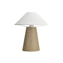 Lampe à poser BOOMERANG sisal et coton blanc – Vue frontale du luminaire avec pied conique en sisal naturel.