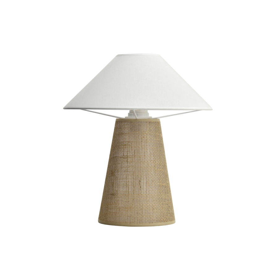 Lampe à poser BOOMERANG sisal et coton blanc – Vue frontale du luminaire avec pied conique en sisal naturel.