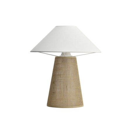 Lampe à poser BOOMERANG sisal et coton blanc – Vue frontale du luminaire avec pied conique en sisal naturel.