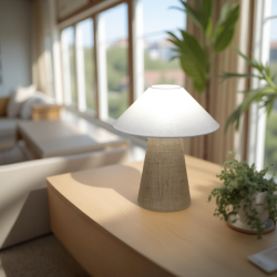 Lampe conique chapeau chinois en sisal naturel tressé et coton blanc écru Sinaya luminaires