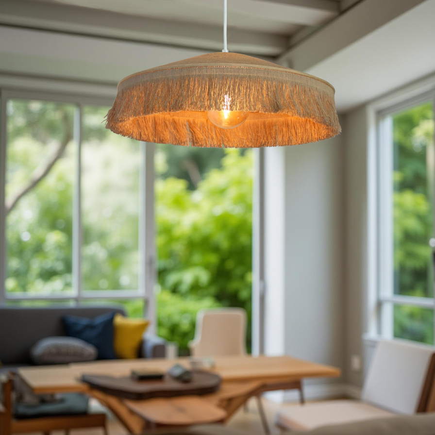 Suspension bohème chic en sisal naturel et jute, lumière douce et apaisante dans un salon moderne