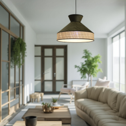 Suspension plafond GATSBY, forme conique, en velours vert forêt et rotin tressé ajouré, ambiance élégante et naturelle