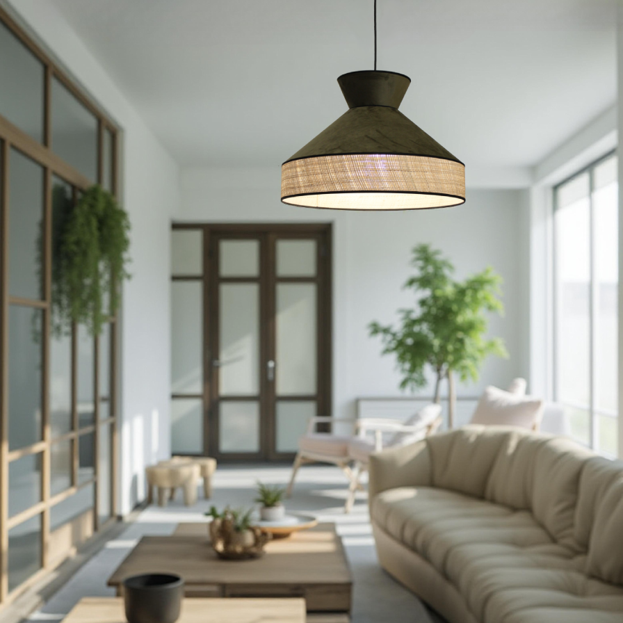 Suspension plafond GATSBY, forme conique, en velours vert forêt et rotin tressé ajouré, ambiance élégante et naturelle