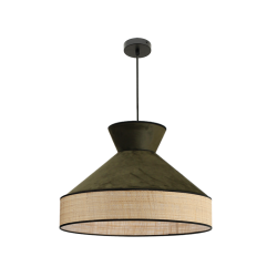 Suspension GATSBY en velours vert forêt et rotin, un luminaire élégant et naturel pour une décoration raffinée.