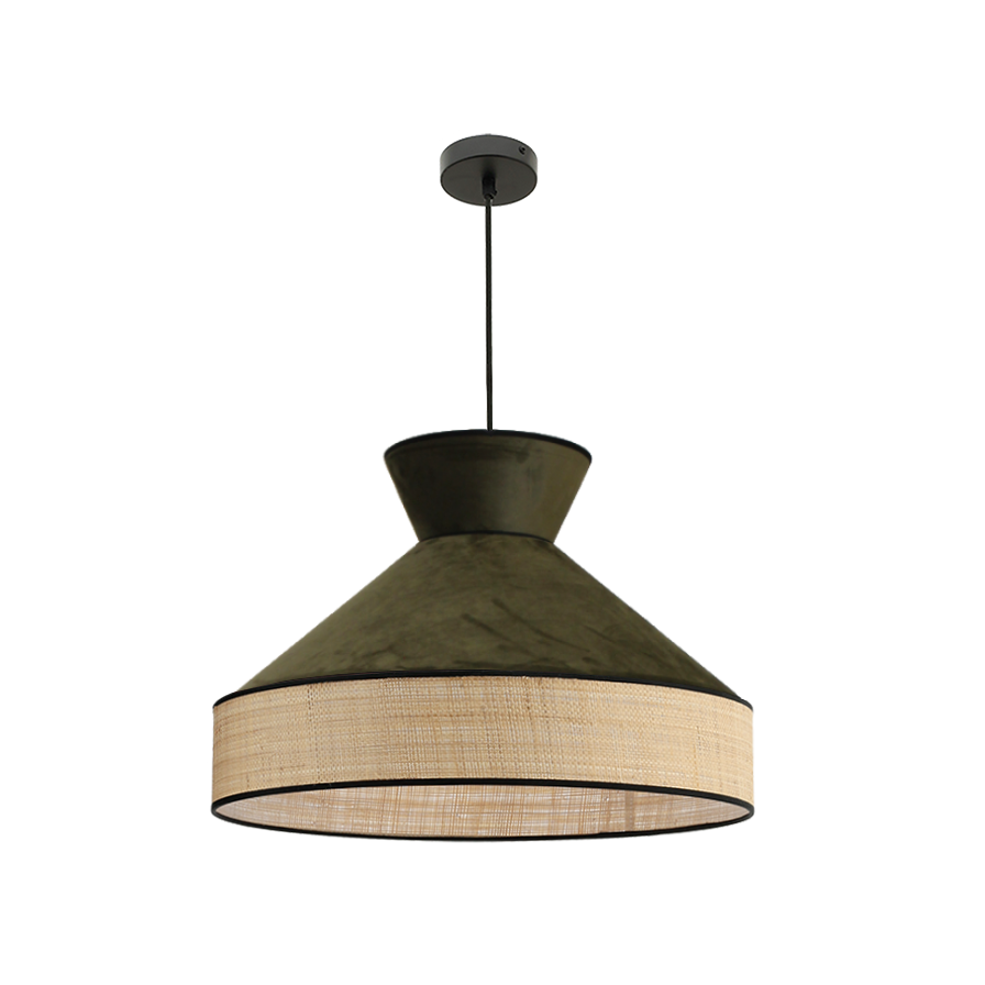 Suspension GATSBY en velours vert forêt et rotin, un luminaire élégant et naturel pour une décoration raffinée.