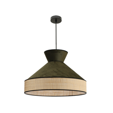 Suspension GATSBY en velours vert forêt et rotin, un luminaire élégant et naturel pour une décoration raffinée.