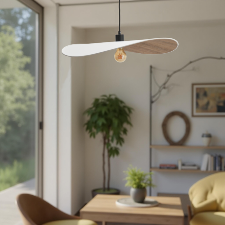 Suspension design WAVE en coton blanc écru et bois, parfaite pour une ambiance scandinave design.