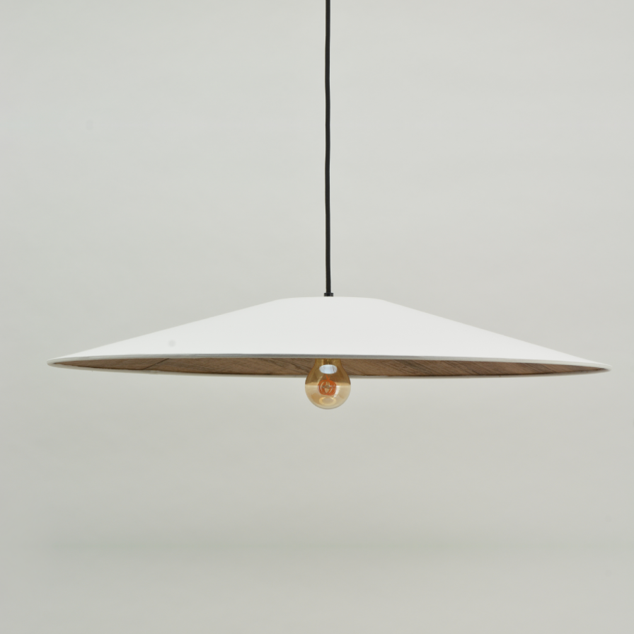 SOLO - Suspension blanc écru en coton et effet bois - luminaire forme conique