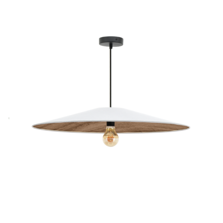 Suspension conique effet bois et coton blanc écru design épuré style scandinave ｜ Sinaya luminaires