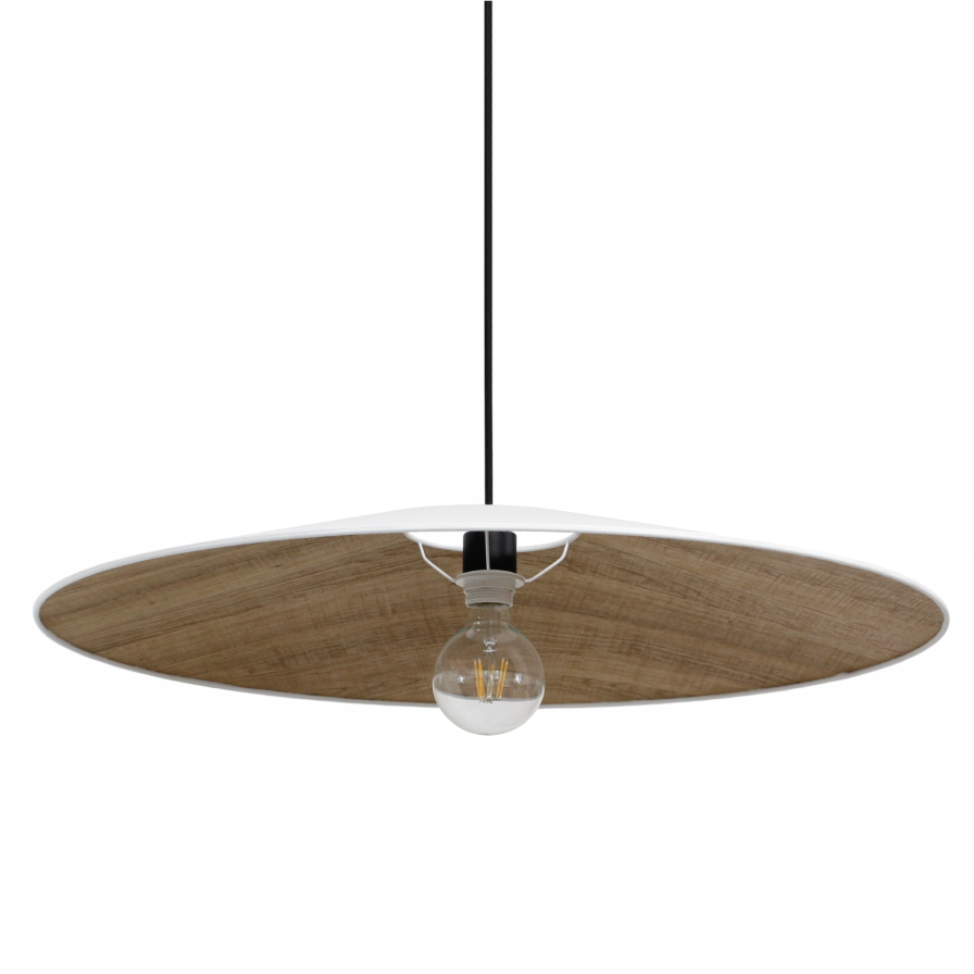 SOLO - Suspension blanc écru en coton et effet bois - luminaire imposant forme conique vue du dessous