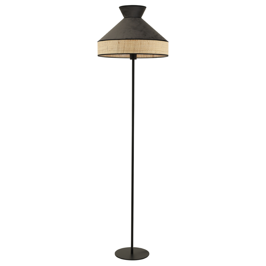 Lampadaire GATSBY en velours gris anthracite et rotin, un design élégant et intemporel pour illuminer votre intérieur.