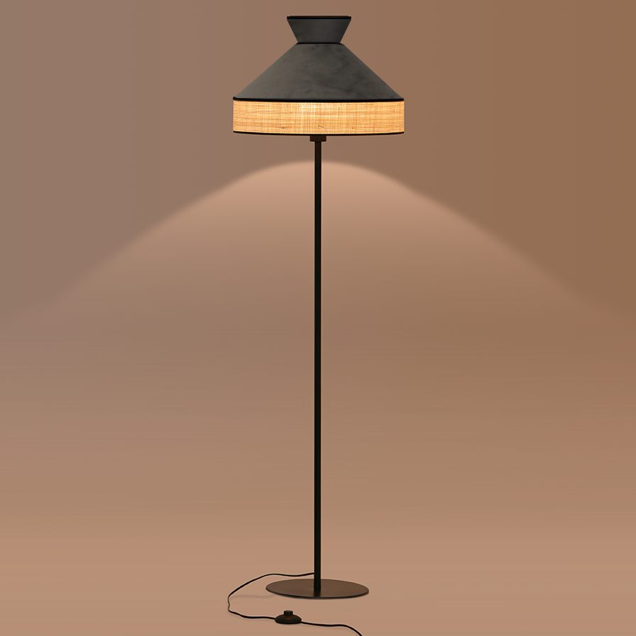 Lampadaire GATSBY en velours gris anthracite et rotin naturel - Sinaya luminaires