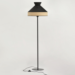 Lampadaire GATSBY en velours gris anthracite et rotin naturel, Design rétro vintage