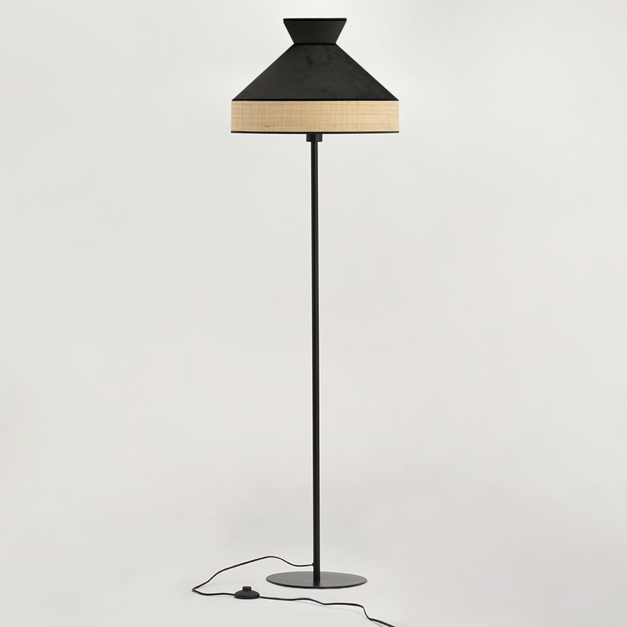 Lampadaire GATSBY en velours gris anthracite et rotin naturel, Design rétro vintage