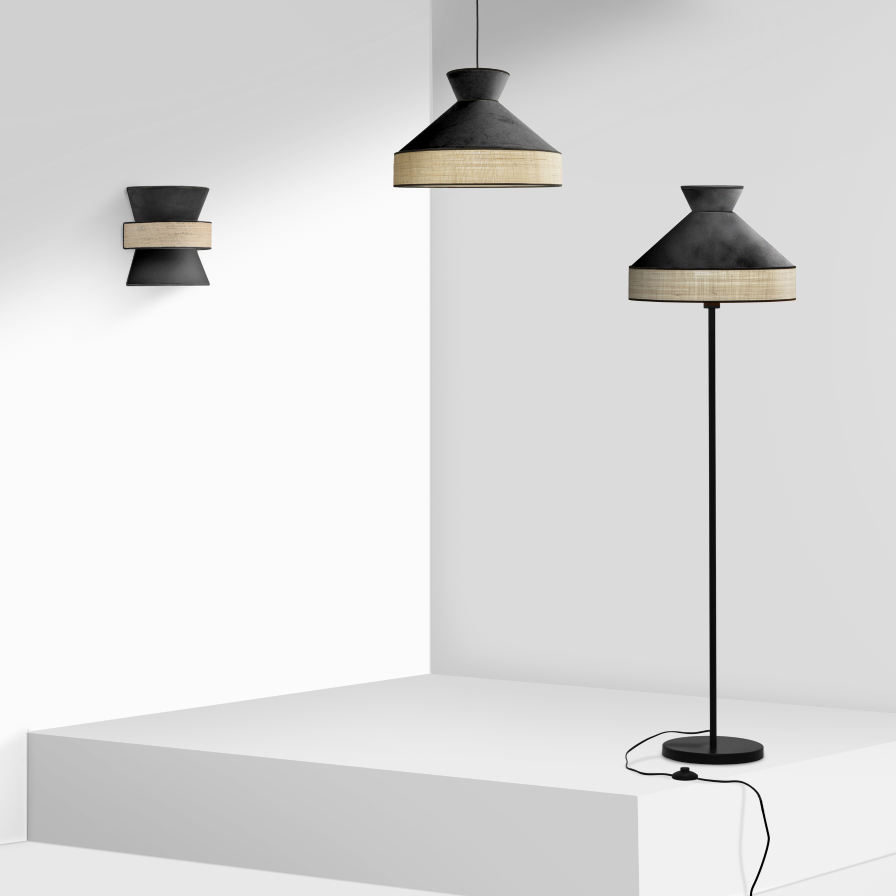 Collection GATSBY, avec l'applique murale, la suspension et le lampadaire présenté en coloris anthracite et en rotin naturel.