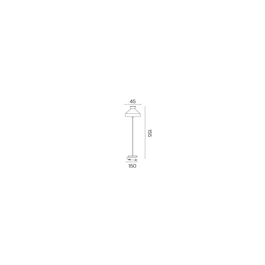Image des dimensions avec le dessin technique du lampadaire Gatsby, hauteur 155cm, diamètre 45 cm.