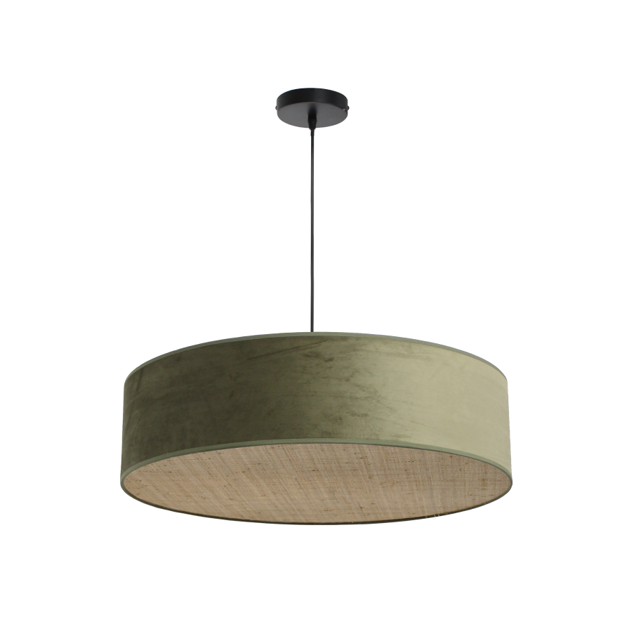 Suspension TAMBOR en velours vert foncé et rotin naturel tressé - Sinaya luminaires