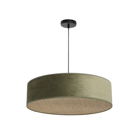 Suspension TAMBOR en velours vert foncé et rotin naturel tressé - Sinaya luminaires
