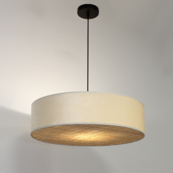 Luminaire suspendu Design circulaire en velours blanc et rotin naturel tressé