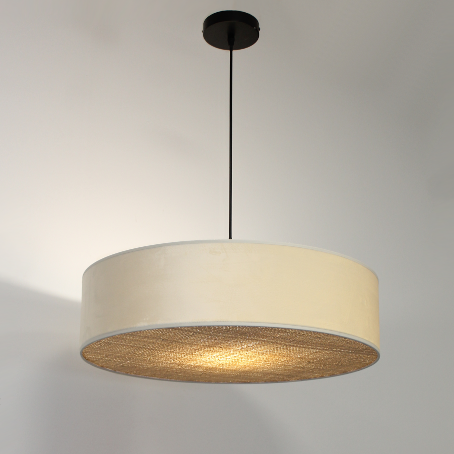 Luminaire suspendu Design circulaire en velours blanc et rotin naturel tressé