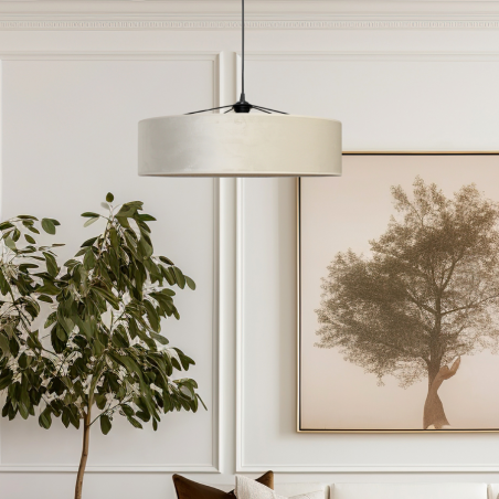 Intérieur Moderne Chic Suspension TAMBOR en velours blanc et rotin naturel - Sinaya luminaires