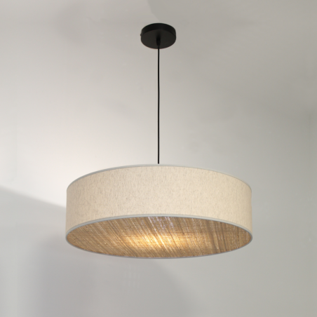Suspension Design circulaire en lin et rotin naturel tressé, allumée vue du bas - Sinaya luminaires