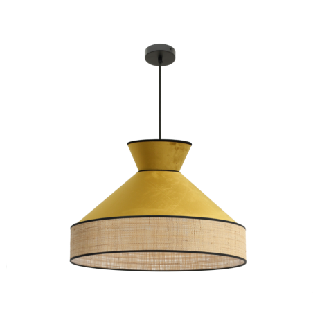 Suspension GATSBY en velours jaune pécan et rotin, un luminaire élégant et chaleureux.
