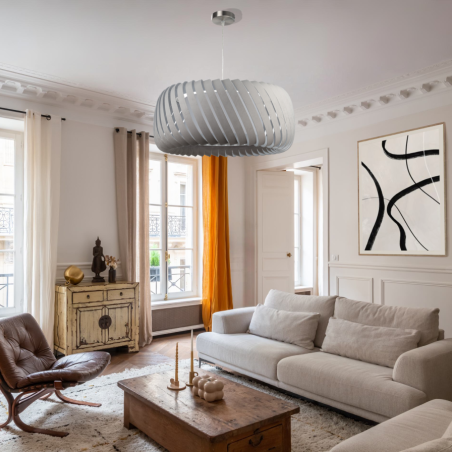 Salon haussmannien contemporain avec une magnifique suspension en velours gris