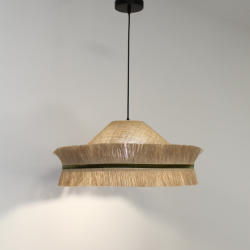 Suspension bohème en sisal tressé, franges hautes et basses en jute, bande velours vert