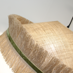 Luminaire suspension ronde en sisal et jute à double frange avec bandeau vert en velours