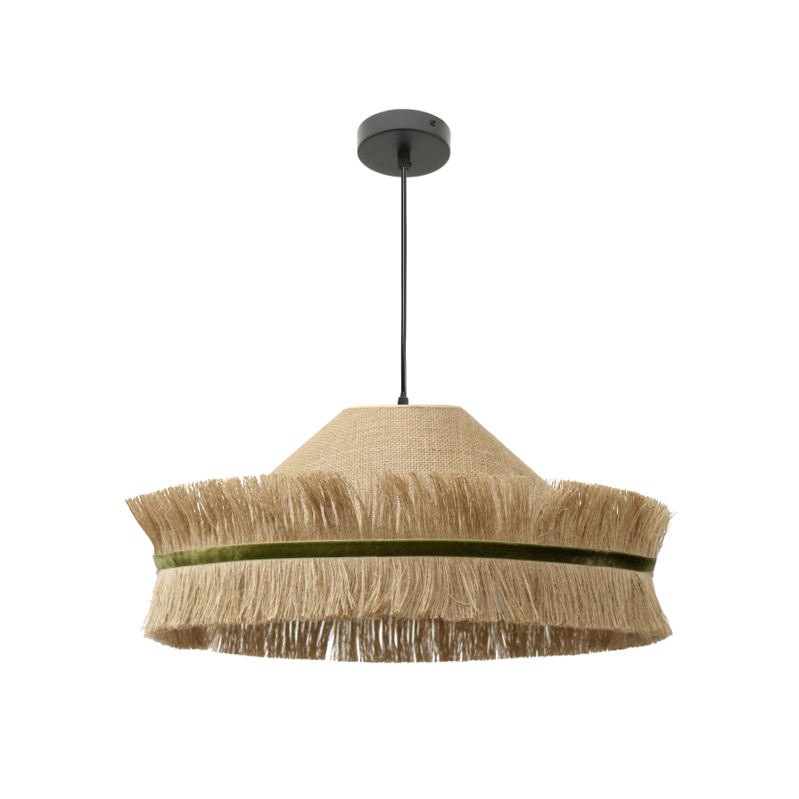 Suspension décorative en sisal et jute double frange, bandeau velours vert style naturel chic